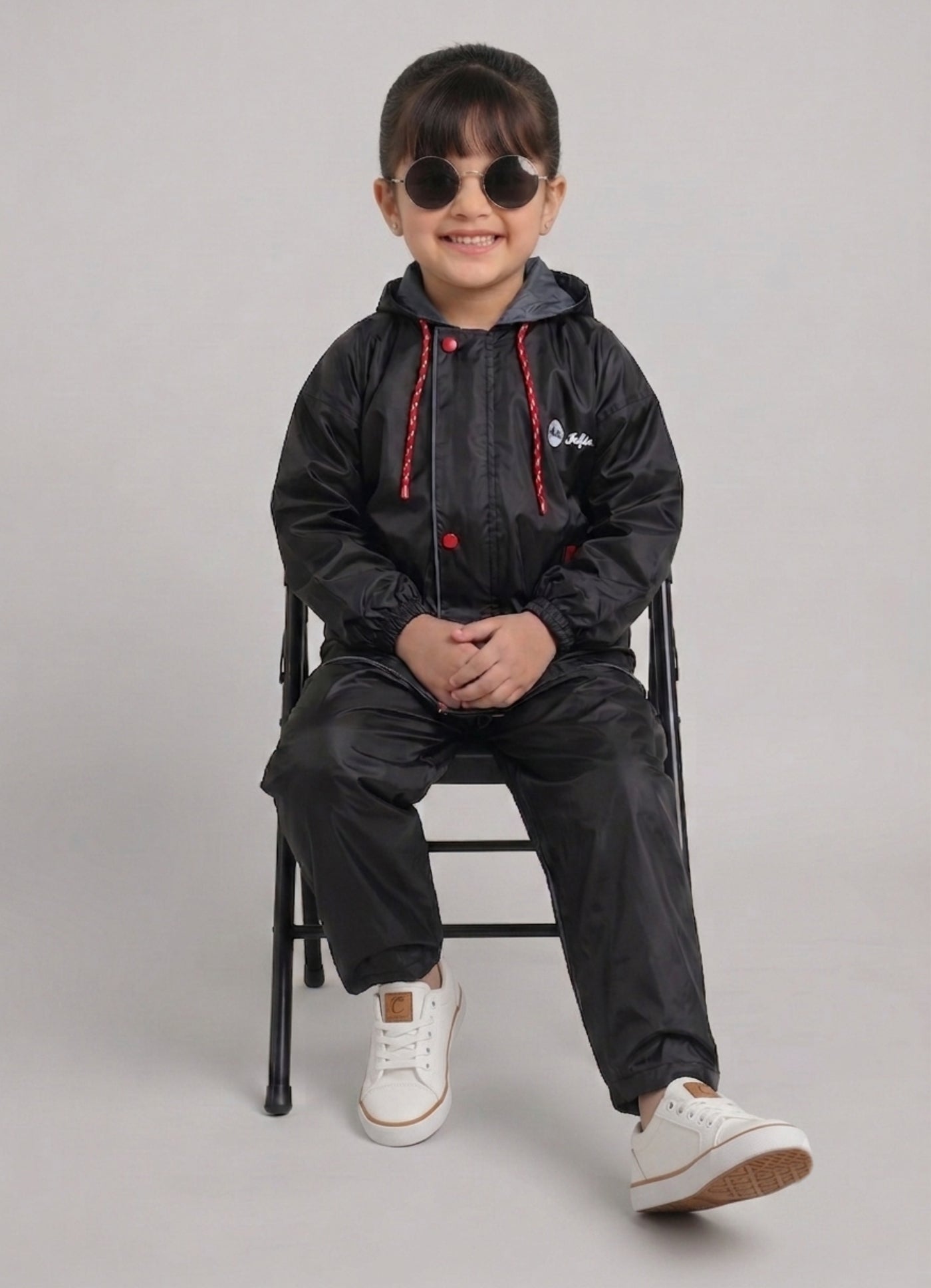 Mars Infiniti Solid Polyester Raincoat and Pant Set for Girls (Black)