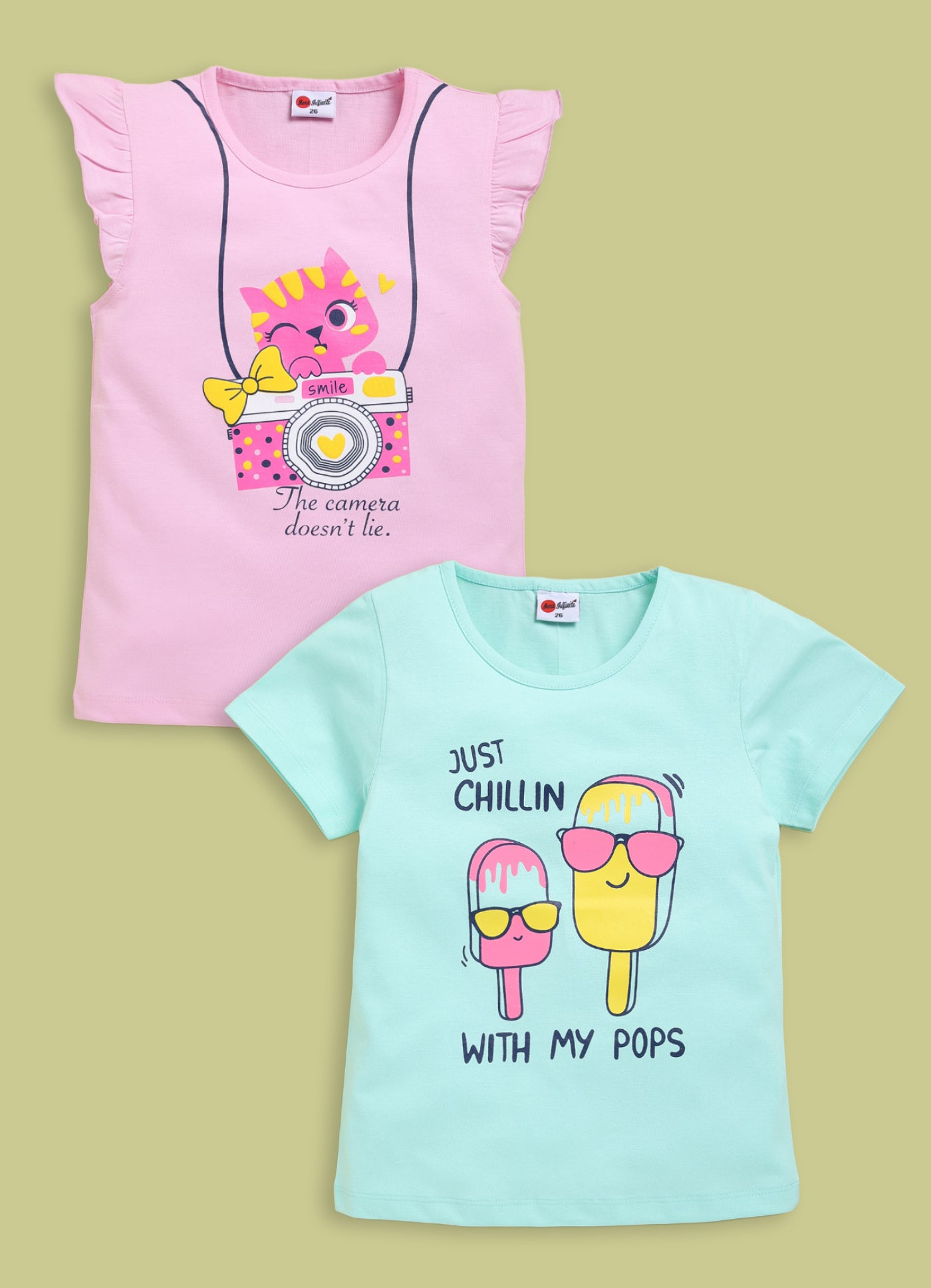 Mars Infiniti Girls Printed Pure Cotton Regular T Shirt (Multicolor, Pack of 2)