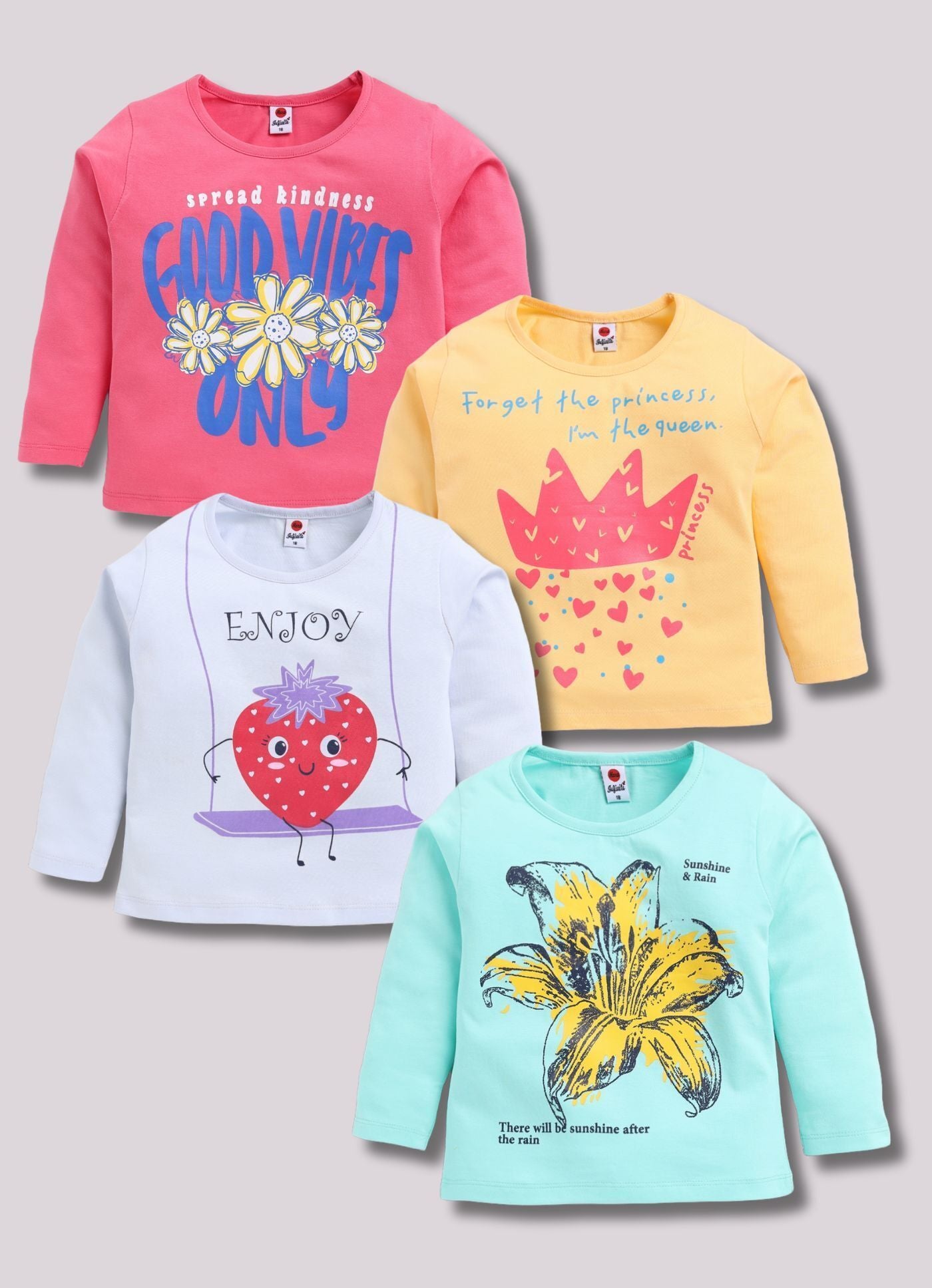 Mars Infiniti Girls Printed Pure Cotton Regular T Shirt (Multicolor, Pack of 4)