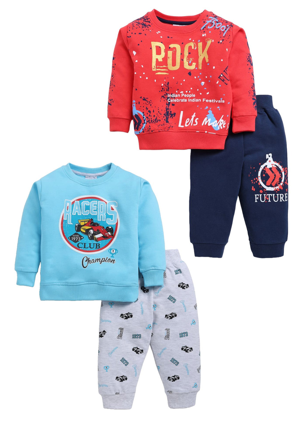 Mars Infiniti Full Sleeve Roundneck Sweatshirt and Track Pant Set for Boys and Girls (Rust, Sky Blue), Pack of 2