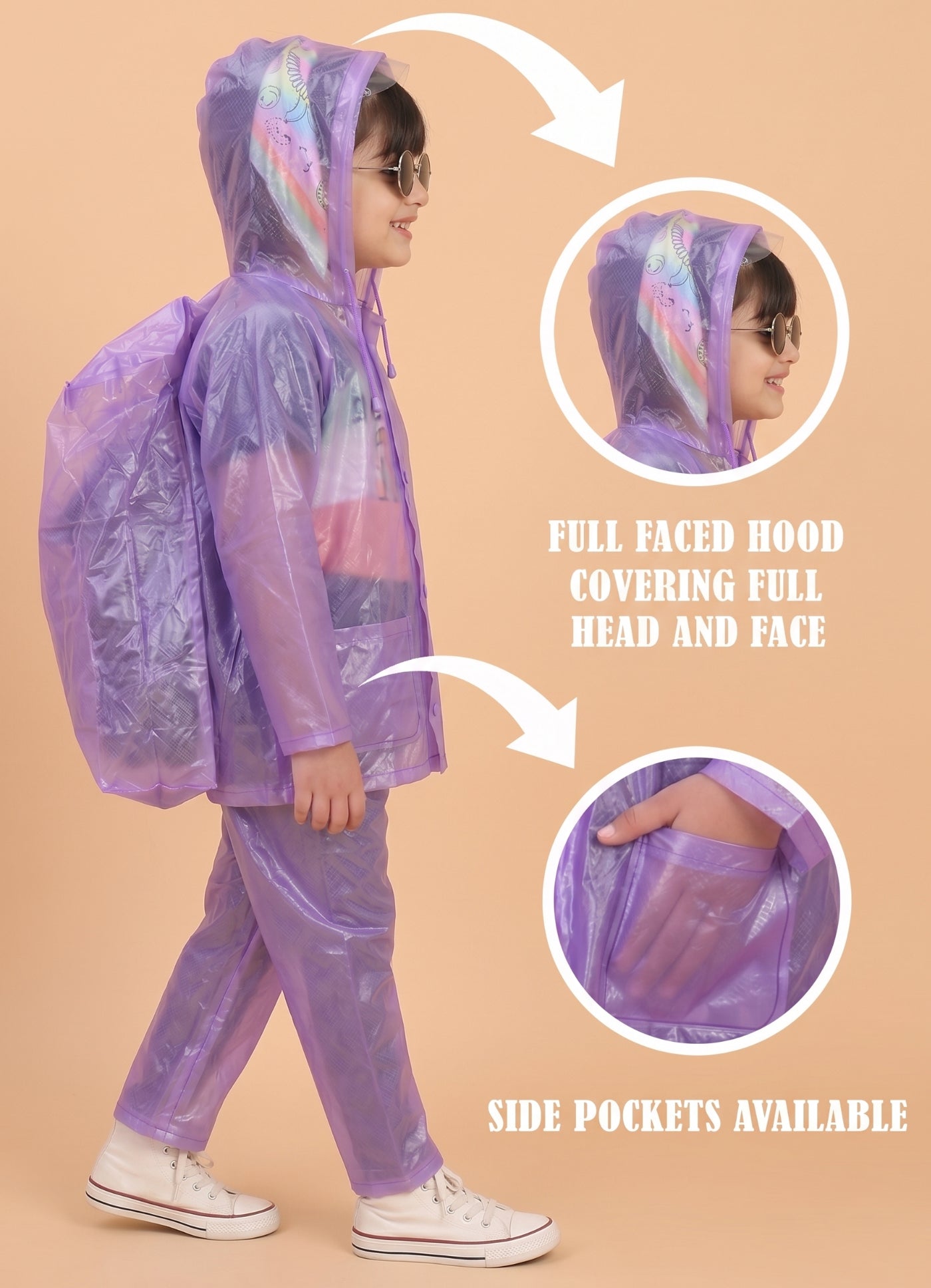 Mars Infiniti PVC Plastic Raincoat and Pant set for girls (Violet)