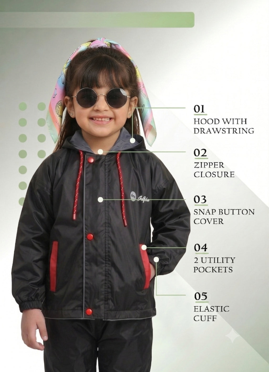 Mars Infiniti Solid Polyester Raincoat and Pant Set for Girls (Black)