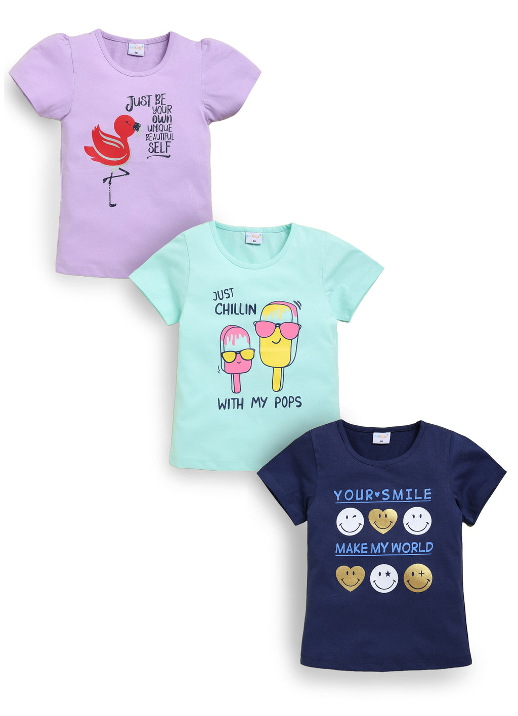 Mars Infiniti Girls Printed Pure Cotton Regular T Shirt (Purple, Pack of 3)