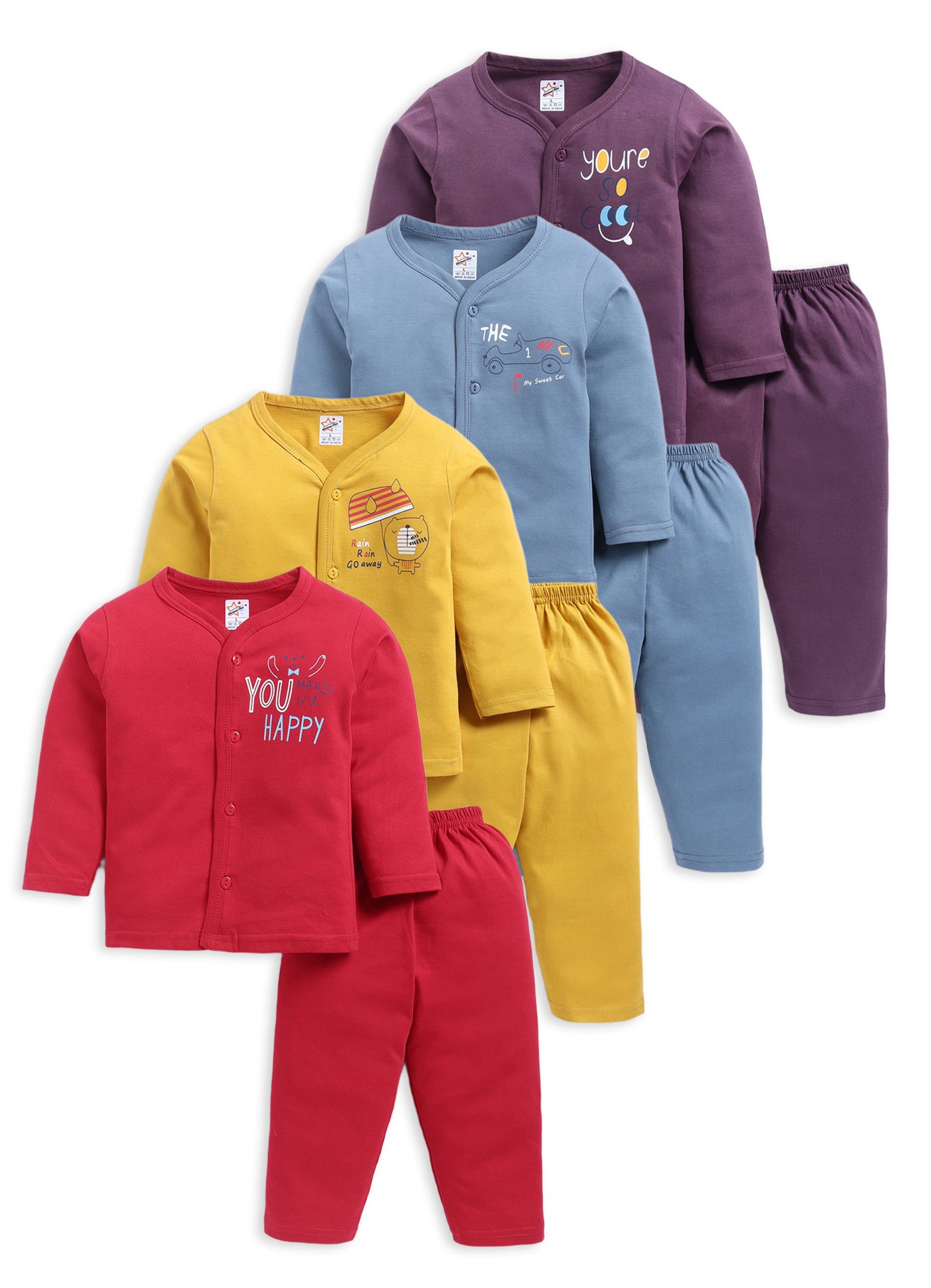 Mars Infiniti Pure Cotton Full Sleeves Front Open Tshirt and Full Pant for Infants (pack of 4)