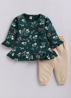 Mars Infiniti Pure Cotton Frock Top & Pyjama Set for Girls Kids | Baby Girls Summer Dress Set | Regular fit Casual full sleeve Frock and Full Pant Set | All over flower printed girls clothing set