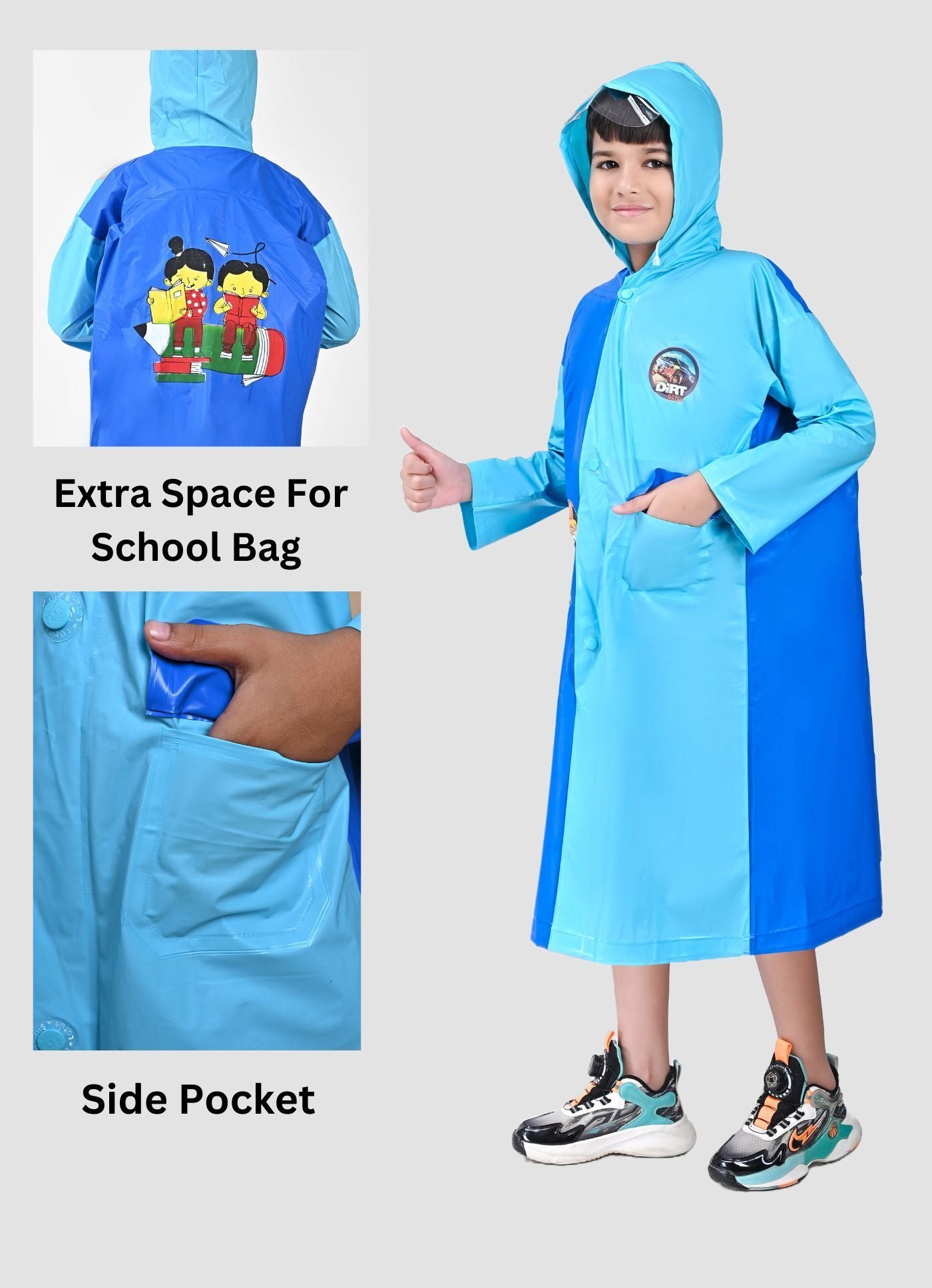 Mars Infiniti Graphic Print Boys and Girls Raincoat, Dual Shade Light Blue and Deep Blue, Pvc Plastic