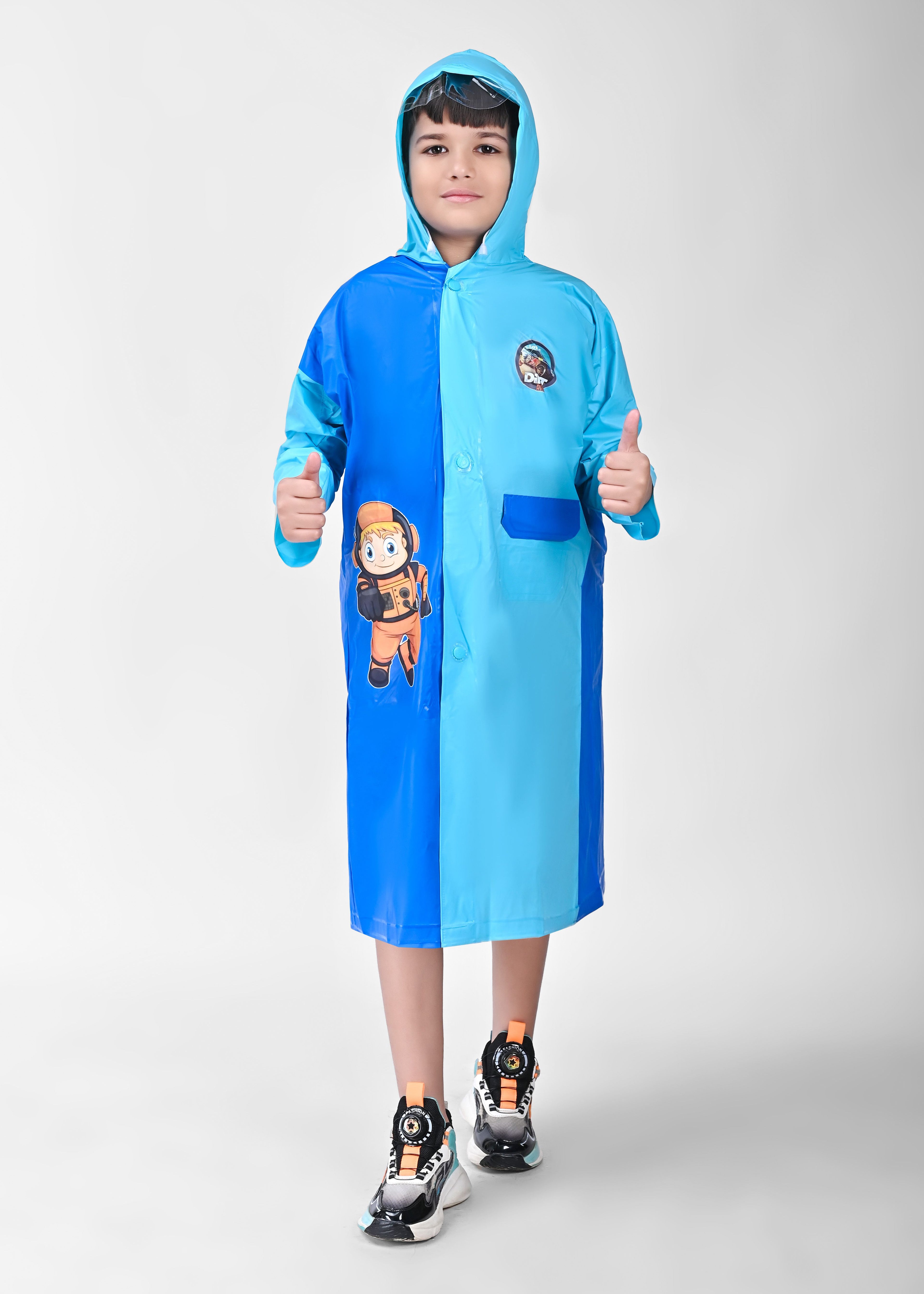 Mars Infiniti Graphic Print Boys and Girls Raincoat, Dual Shade Light Blue and Deep Blue, Pvc Plastic