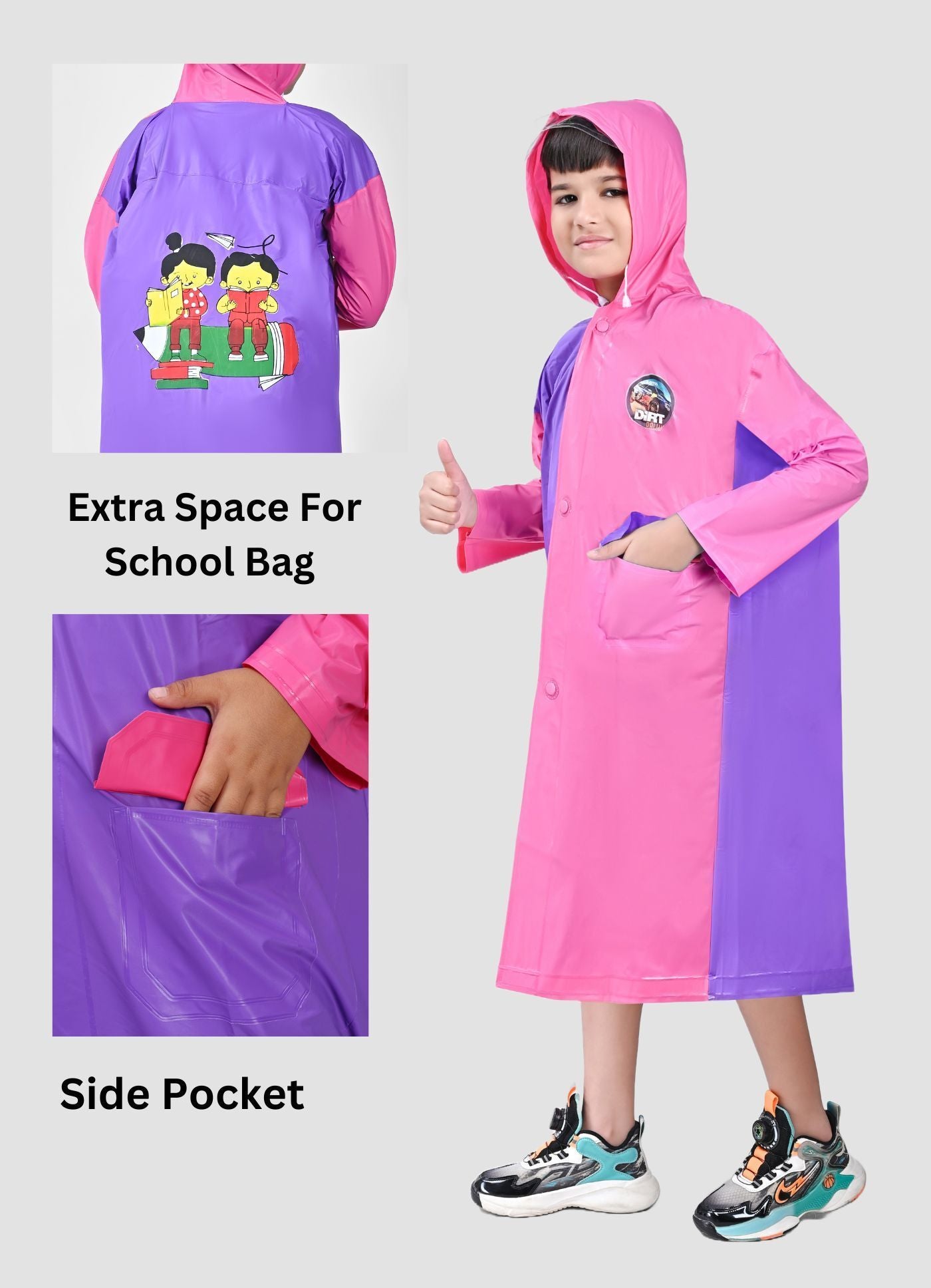 Mars Infiniti Graphic Print Boys and Girls Raincoat, Dual Shade Pink and Violet, Pvc Plastic