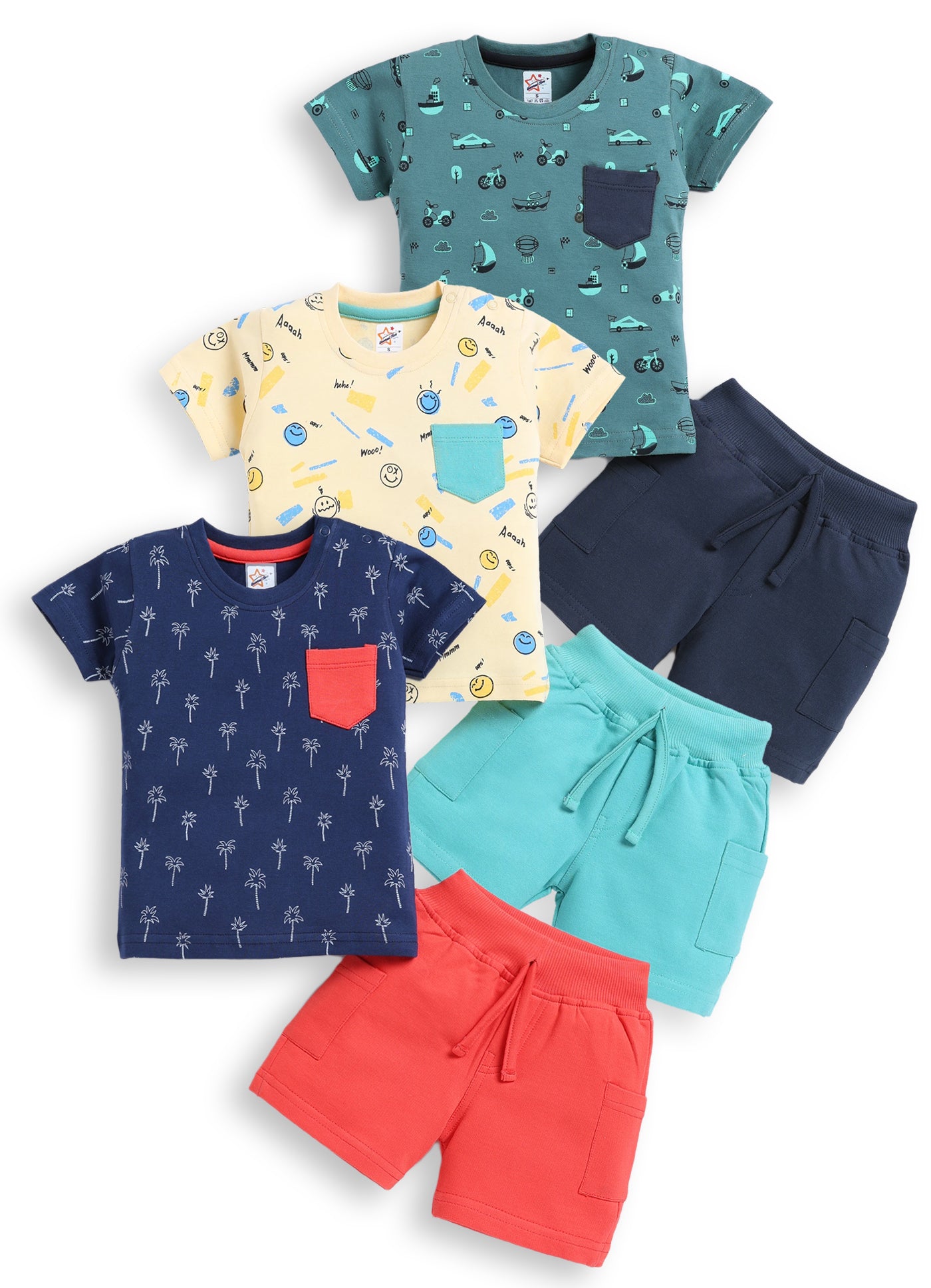 Mars Infiniti Pure Cotton Shoulder Button T-Shirt and Half Pant Set for Baby Boys|Infant tshirt and half pant set| Coordinated Set for Unisex kids|Pack of 3