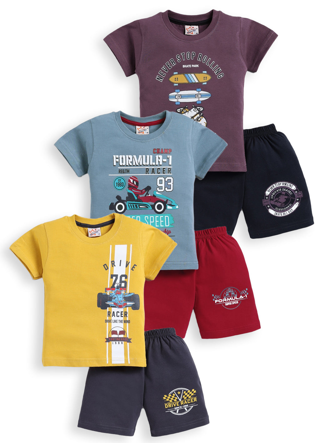 Mars Infiniti Pure Cotton Back Printed Half Sleeves T-Shirt and Half Pant Set for Boys Kids| Kids boys tshirt and half pant set| Pack of 3