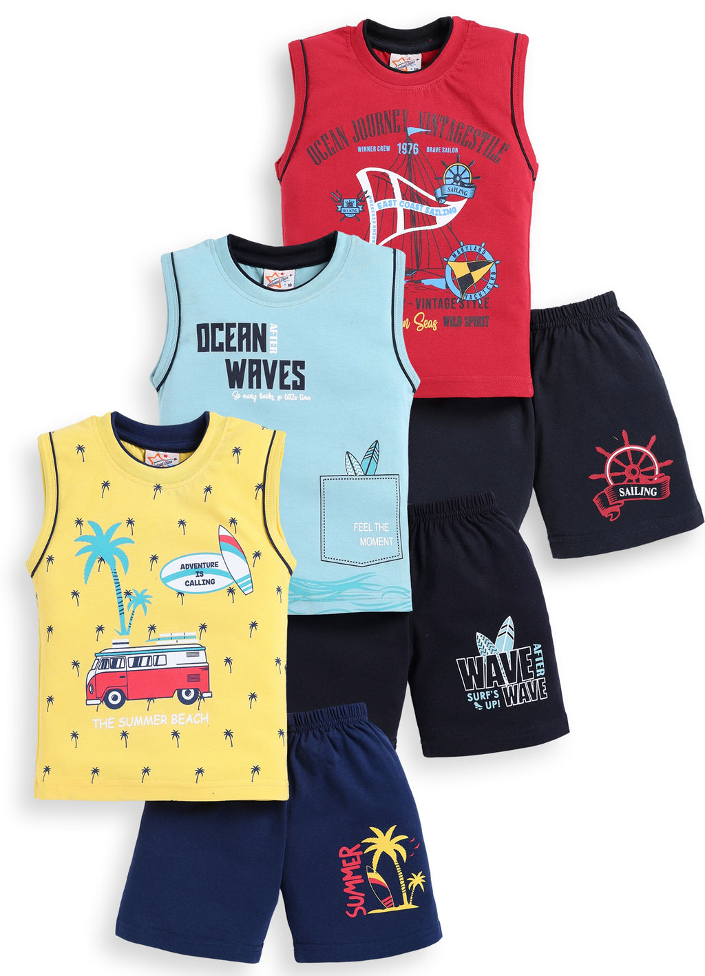 Mars Infiniti Pure Cotton Back Printed Sleeveless T-Shirt and Half Pant Set for Boys Kids| Kids boys tshirt and half pant set| Clothing  Set| Pack of 3