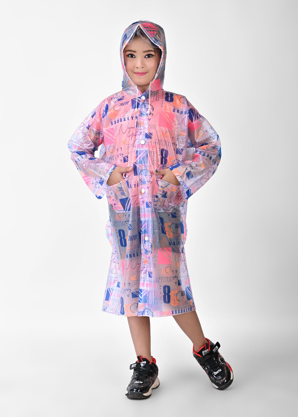 Mars Infiniti Graphic Print Girls PVC Raincoat (Blue, Pink)