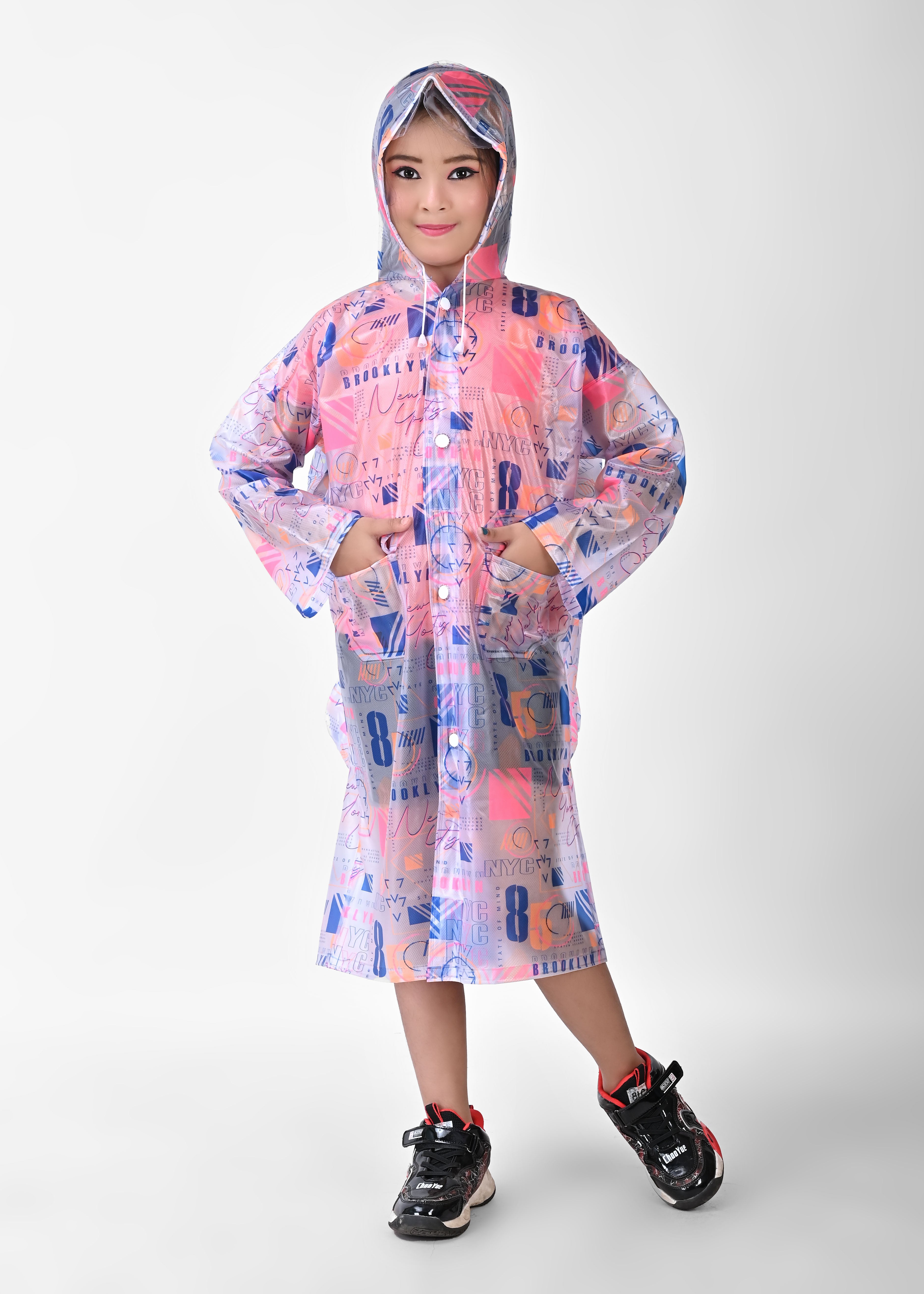 Mars Infiniti Graphic Print Girls PVC Raincoat (Blue, Pink)