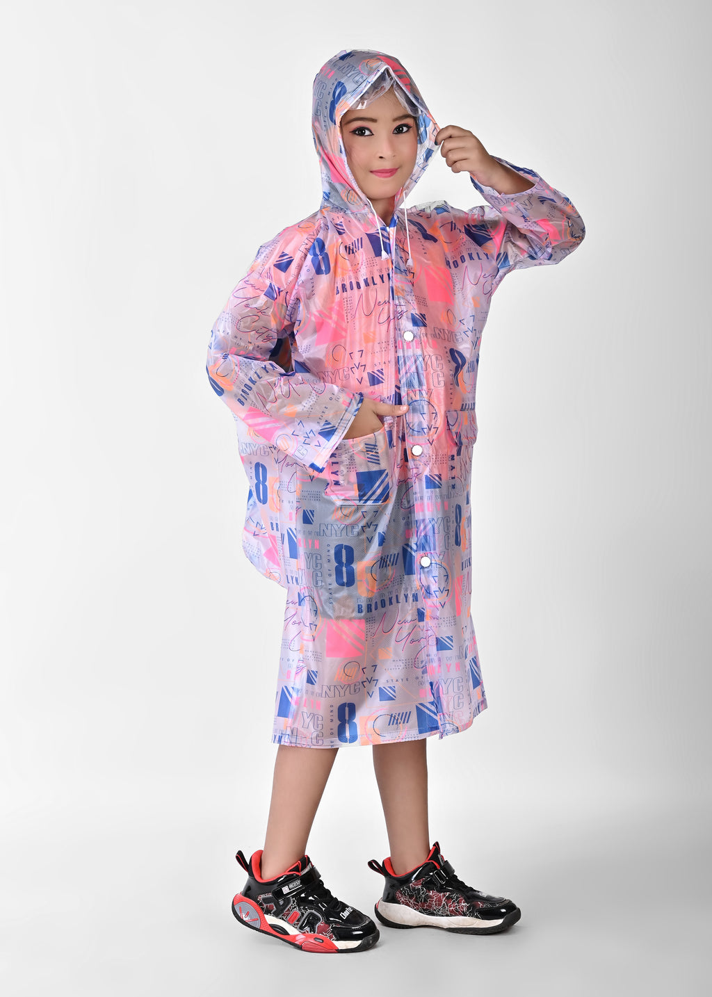 Mars Infiniti Graphic Print Girls PVC Raincoat (Blue, Pink)