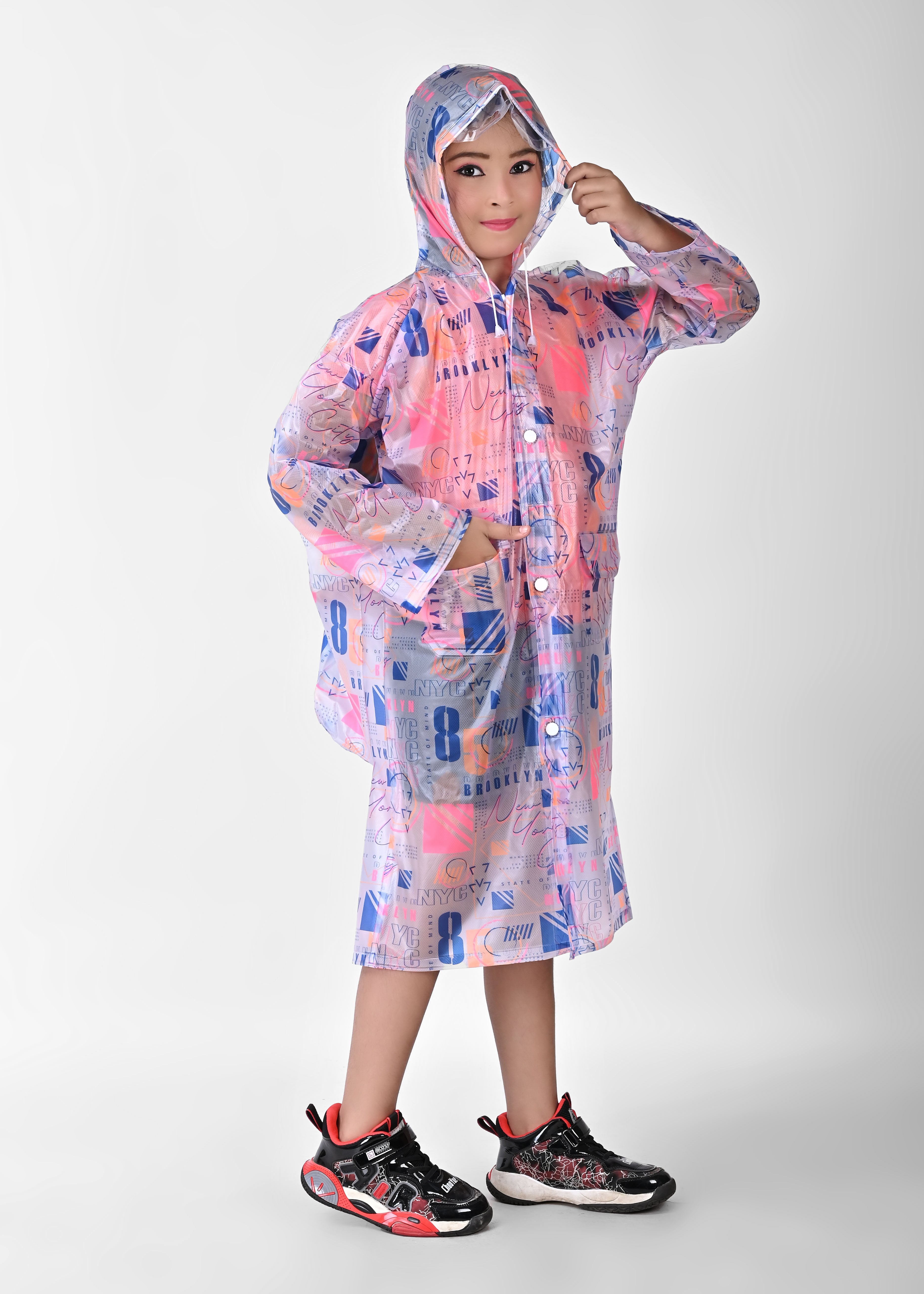 Mars Infiniti Graphic Print Girls PVC Raincoat (Blue, Pink)
