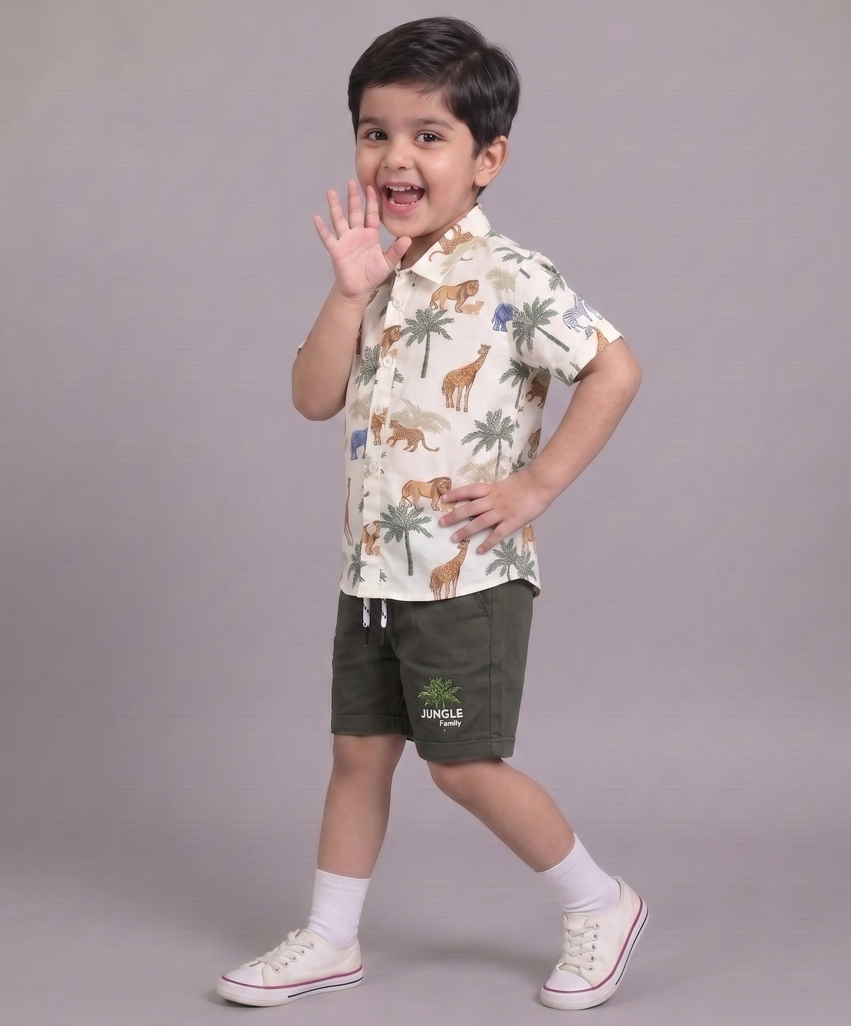 Mars Infiniti Boys All Over Printed Half Sleeves Shirt and Half Pant Set(Green, White)