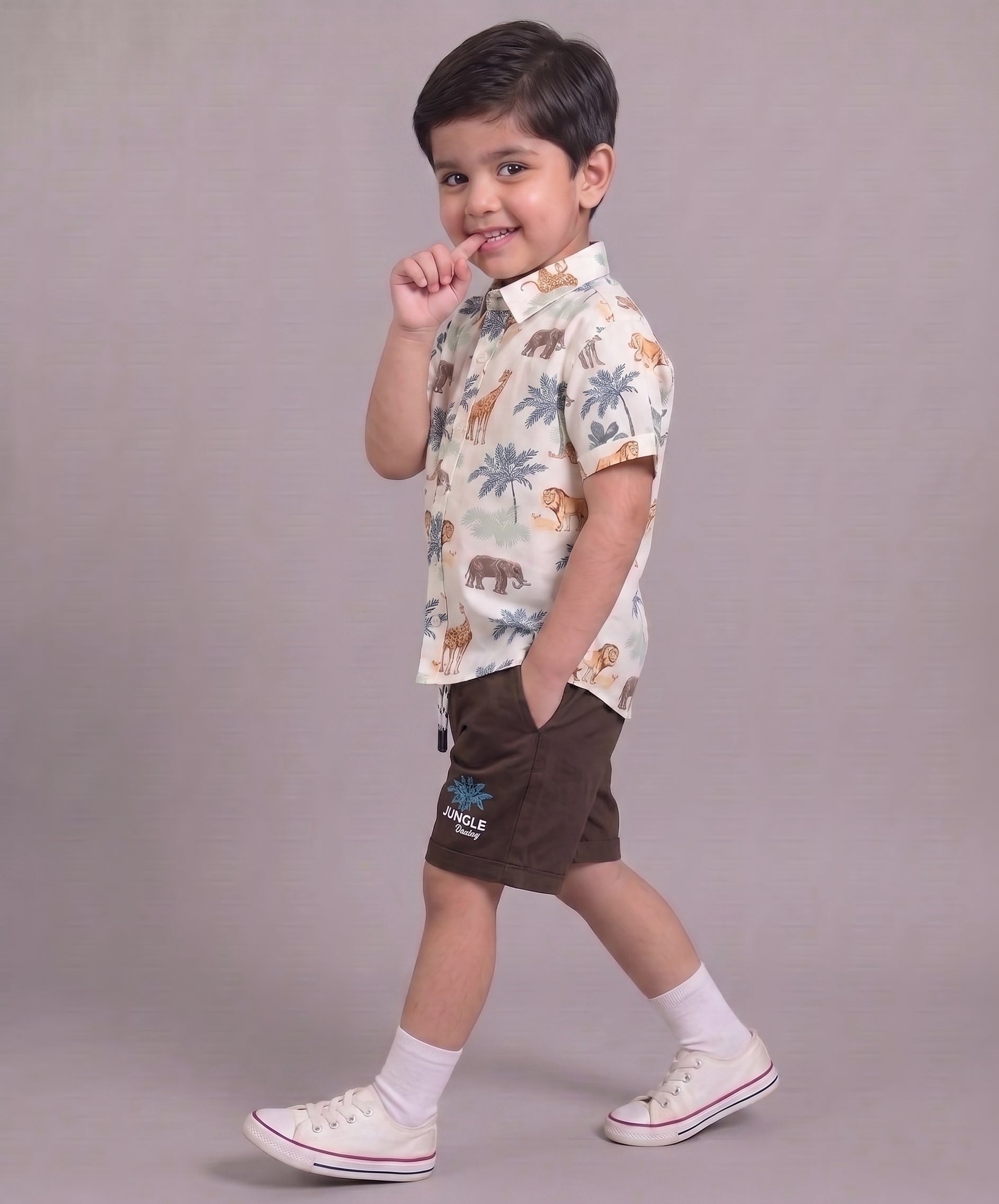 Mars Infiniti Boys All Over Printed Half Sleeves Shirt and Half Pant Set|Summerwear|Brown, White|Pure Cotton