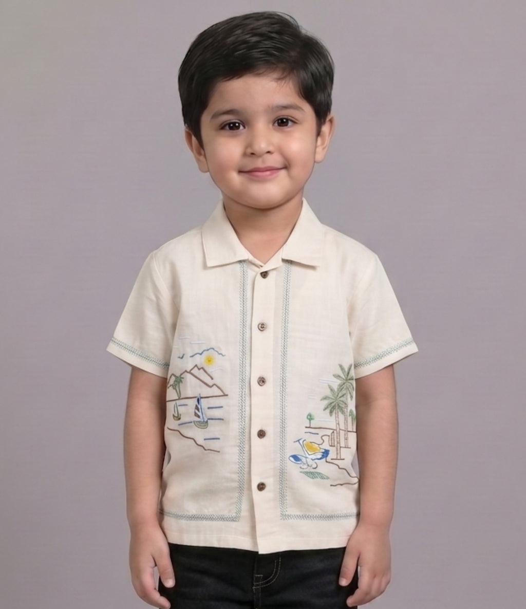 Mars Infiniti Boys All Over Printed Half Sleeves Shirt|Summerwear|Beige|Pure Cotton|Spread Collar