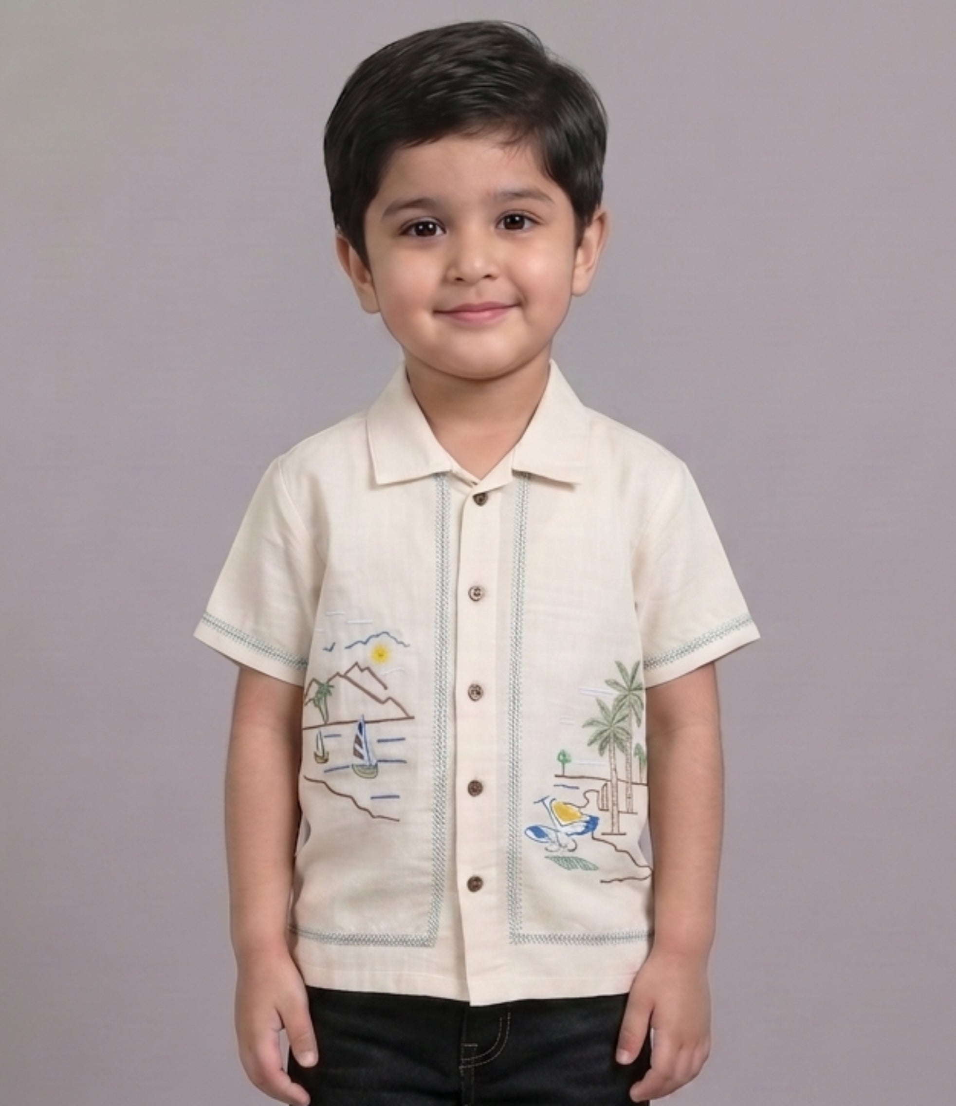 Mars Infiniti Boys All Over Printed Half Sleeves Shirt|Summerwear|Beige|Pure Cotton|Spread Collar