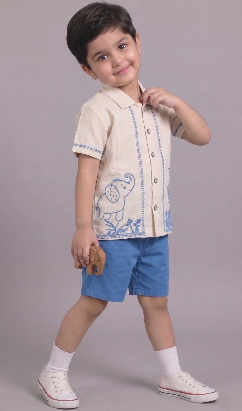 Mars Infiniti Boys Embroided Half Sleeves Shirt and Half Pant Set (Beige,Blue)