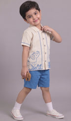 Mars Infiniti Boys Embroided Half Sleeves Shirt and Half Pant Set (Beige,Blue)