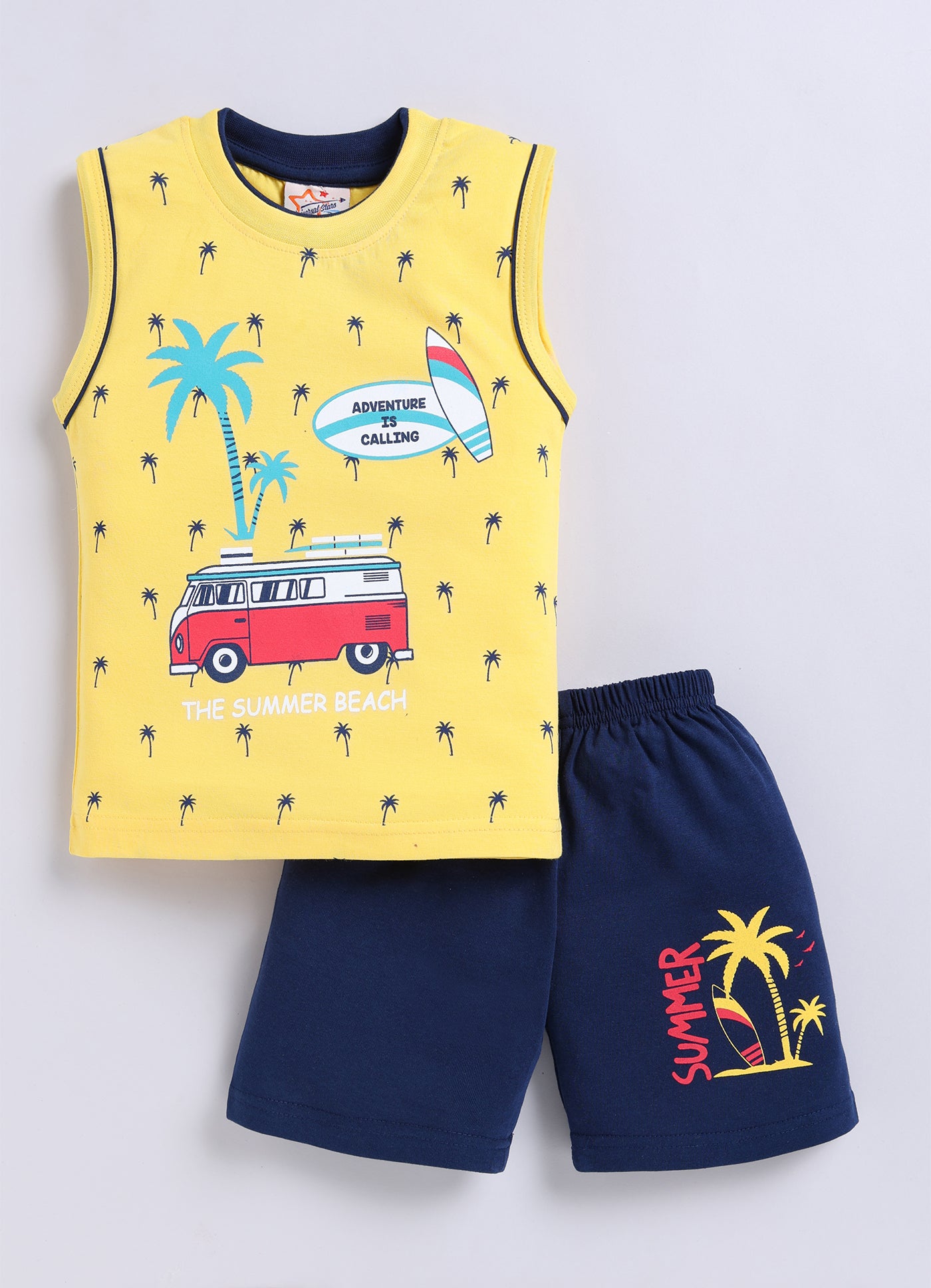 Mars Infiniti Pure Cotton Back Printed Sleeveless T-Shirt and Half Pant Set for Boys Kids| Kids boys tshirt and half pant set| Coordinated Set for Unisex kids|Yellow