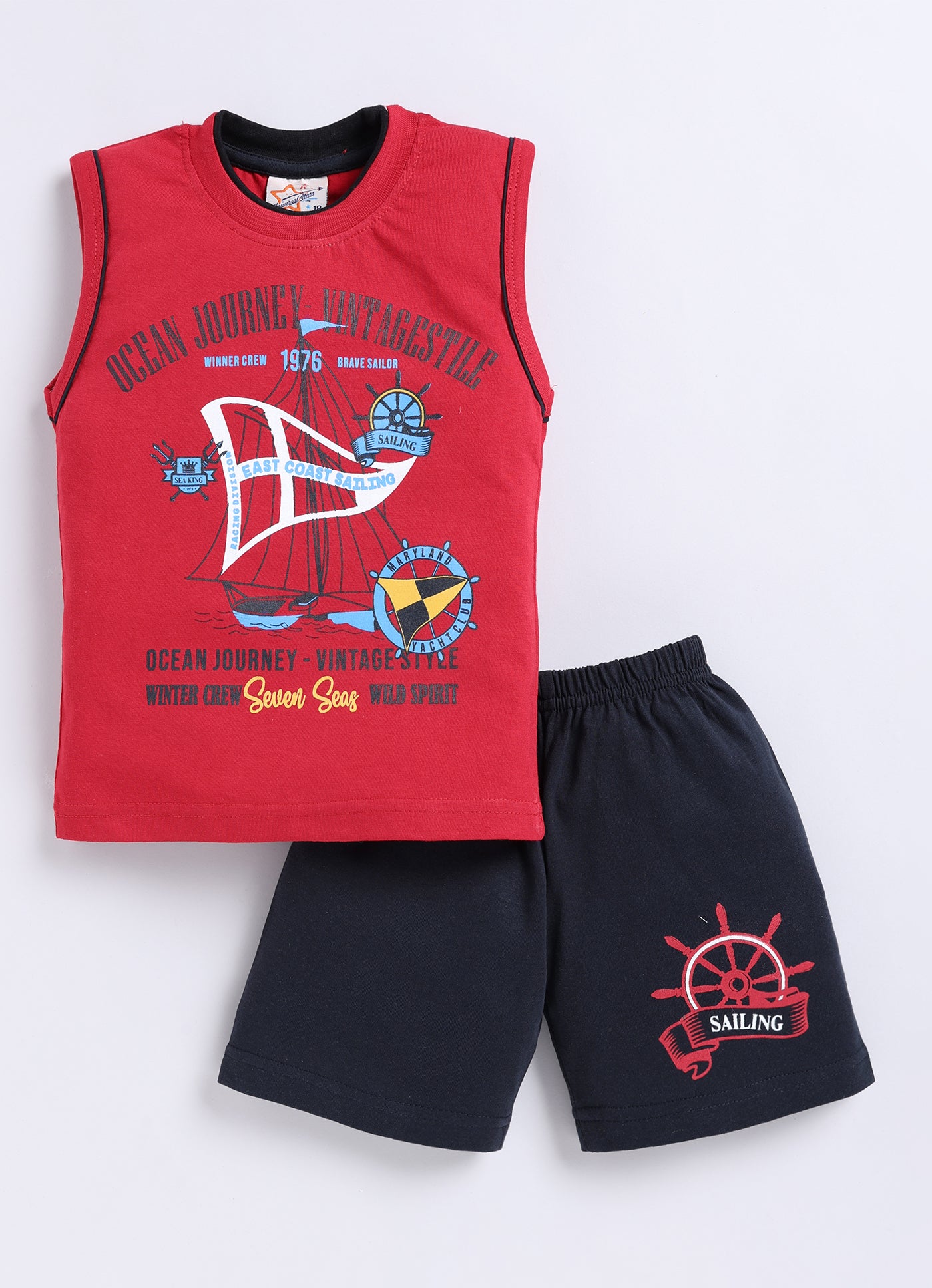 Mars Infiniti Pure Cotton Back Printed Sleeveless T-Shirt and Half Pant Set for Boys Kids| Kids boys tshirt and half pant set| Coordinated Set for Unisex kids|Red