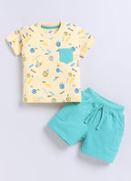 Mars Infiniti Pure Cotton Shoulder Button T-Shirt and Half Pant Set for Baby Boys|Infant tshirt and half pant set| Coordinated Set for Unisex kids|Pack of 2| Yellow, Navy Blue