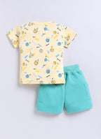 Mars Infiniti Pure Cotton Shoulder Button T-Shirt and Half Pant Set for Baby Boys|Infant tshirt and half pant set| Coordinated Set for Unisex kids|Pack of 2| Teal Green, Yellow