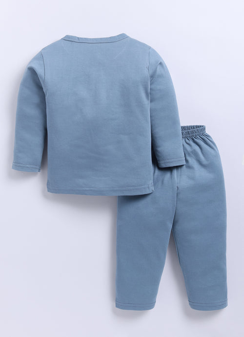 Mars Infiniti Pure Cotton Full Sleeves Front Open Tshirt and Full Pant Set for Infants|Stone Blue