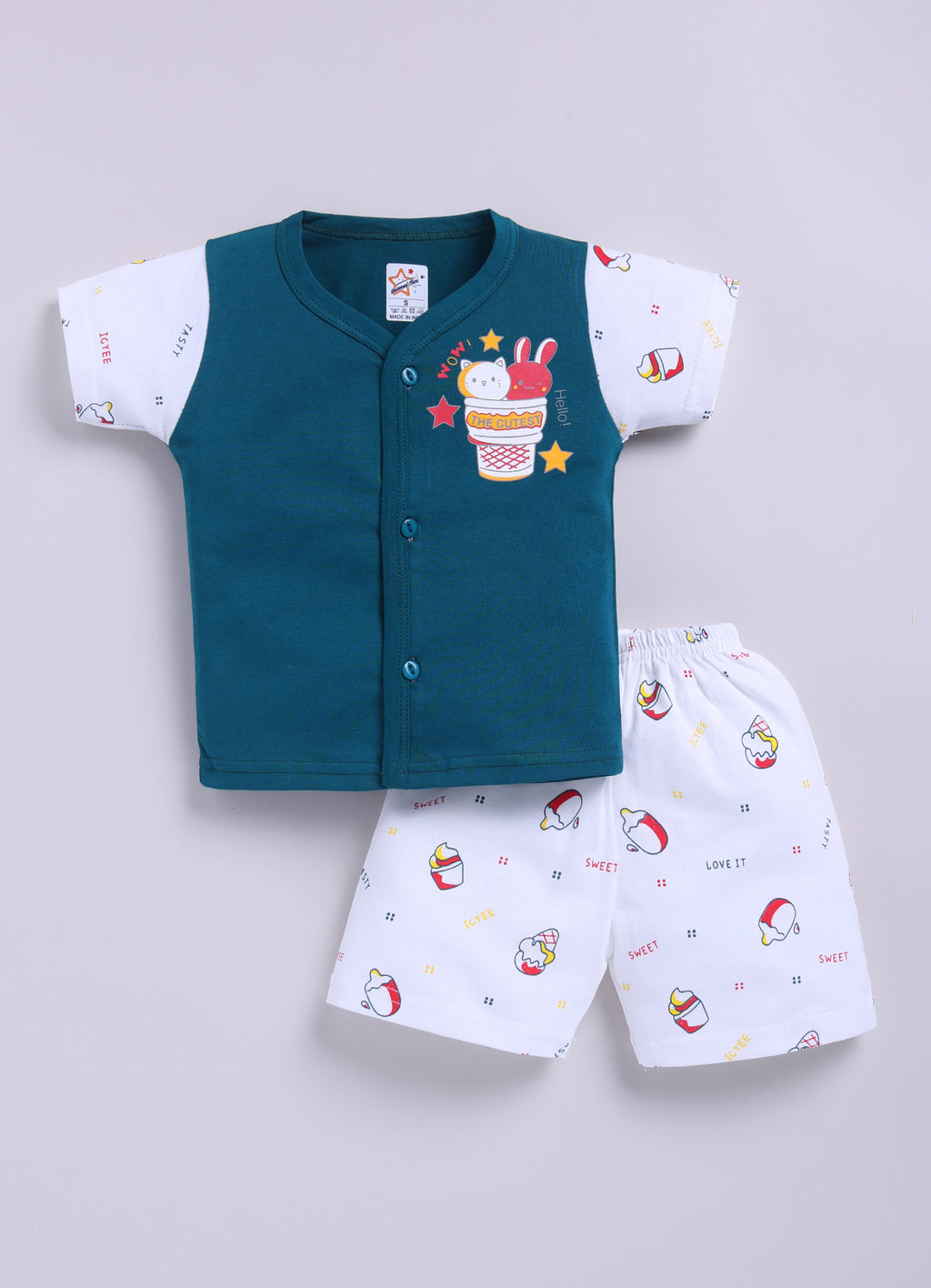 Mars Infiniti Front Open Tshirt and Pant Set for new born babies | Pure Cotton soft, Lightweight and Breathable Coordinated Outfit | Half Sleeves Shirt and Short Set for Infants|Teal Green, White