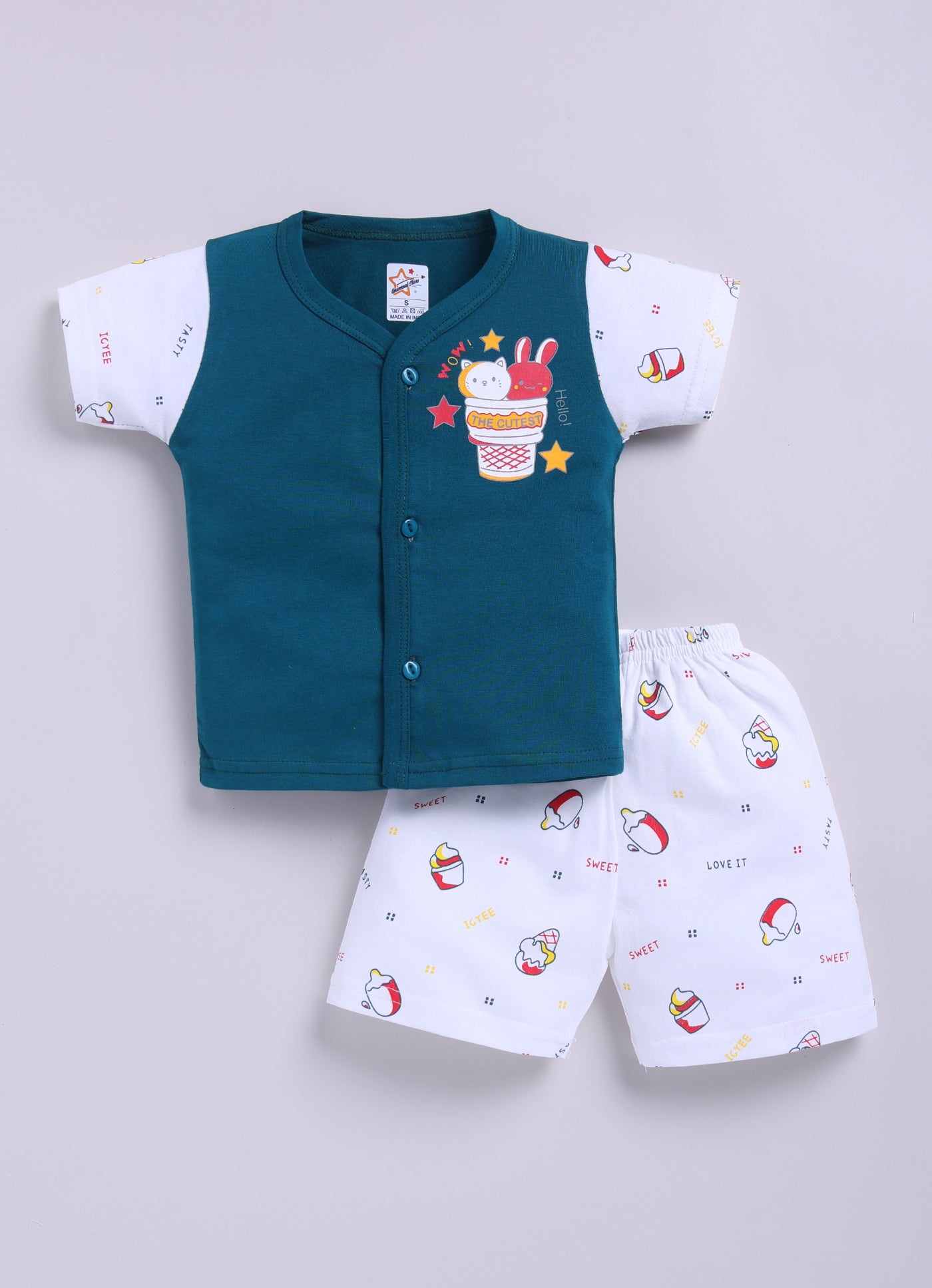 Mars Infiniti Front Open Tshirt and Pant Set for new born babies | Pure Cotton soft, Lightweight and Breathable Coordinated Outfit | Half Sleeves Shirt and Short Set for Infants|Teal Green, White