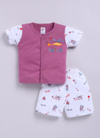 Mars Infiniti Front Open Tshirt and Pant Set for new born babies | Pure Cotton soft, Lightweight and Breathable Coordinated Outfit | Half Sleeves Shirt and Short Set for Infants|Pink, White