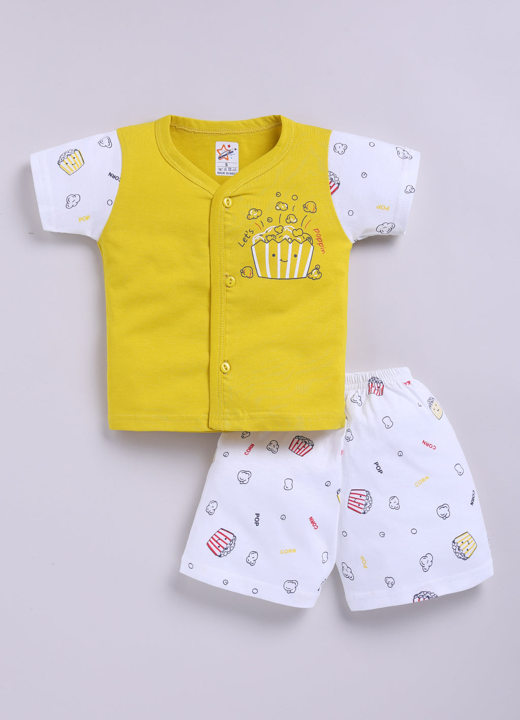 Mars Infiniti Front Open Tshirt and Pant Set for new born babies | Pure Cotton soft, Lightweight and Breathable Coordinated Outfit | Half Sleeves Shirt and Short Set for Infants|Yellow, White
