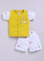 Mars Infiniti Front Open Tshirt and Pant Set for new born babies | Pure Cotton soft, Lightweight and Breathable Coordinated Outfit | Half Sleeves Shirt and Short Set for Infants|Yellow, White