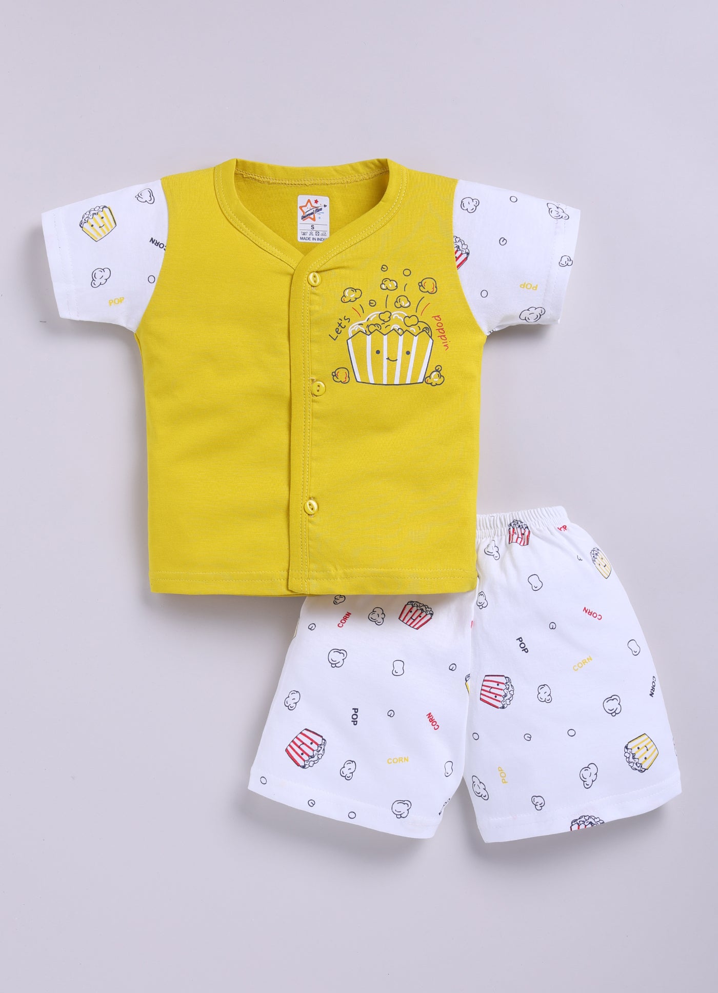 Mars Infiniti Front Open Tshirt and Pant Set for new born babies | Pure Cotton soft, Lightweight and Breathable Coordinated Outfit | Half Sleeves Shirt and Short Set for Infants|Yellow, White