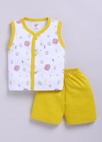 Mars Infiniti Front Open Tshirt and Pant Set for new born babies | Pure Cotton soft, Lightweight and Breathable Coordinated Outfit | Half Sleeves Shirt and Short Set for Infants|Yellow, White