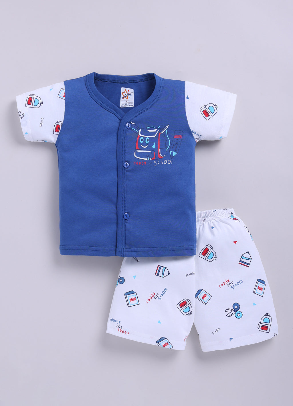 Mars Infiniti Front Open Tshirt and Pant Set for new born babies | Pure Cotton soft, Lightweight and Breathable Coordinated Outfit | Half Sleeves Shirt and Short Set for Infants|Blue, White