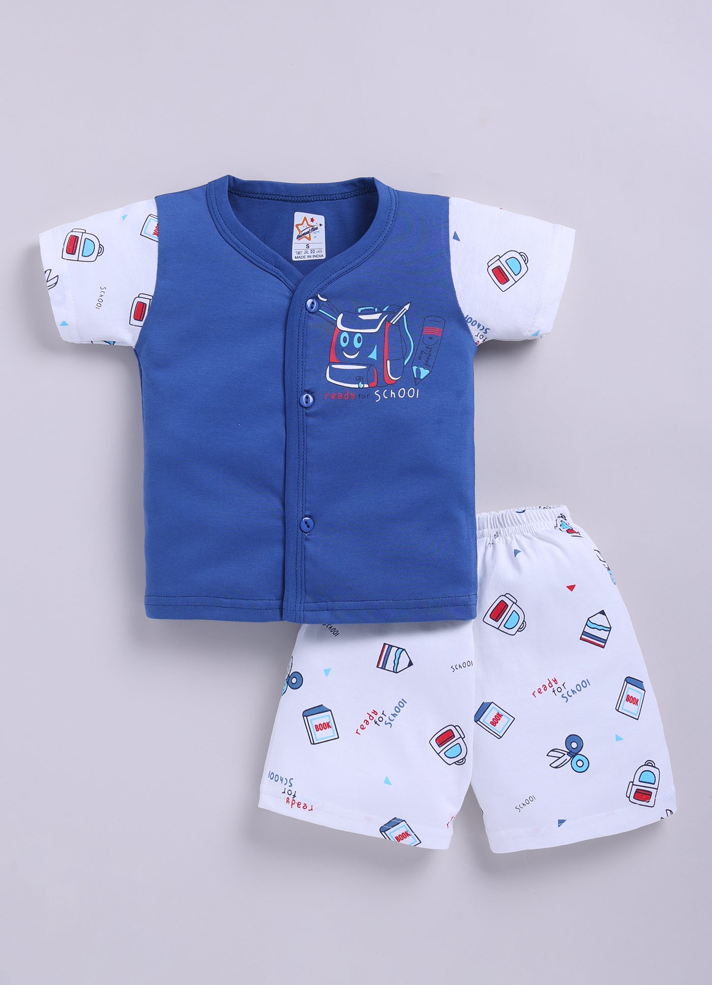 Mars Infiniti Front Open Tshirt and Pant Set for new born babies | Pure Cotton soft, Lightweight and Breathable Coordinated Outfit | Half Sleeves Shirt and Short Set for Infants|Blue, White