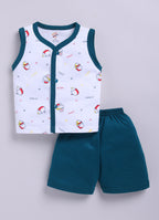 Mars Infiniti Front Open Tshirt and Pant Set for new born babies | Pure Cotton soft, Lightweight and Breathable Coordinated Outfit | Half Sleeves Shirt and Short Set for Infants|Teal Green, White