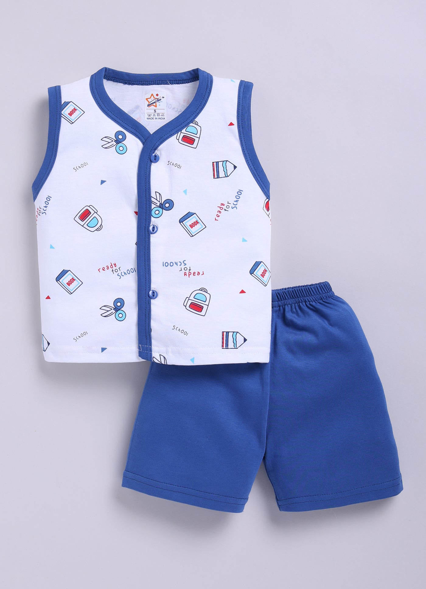 Mars Infiniti Front Open Tshirt and Pant Set for new born babies | Pure Cotton soft, Lightweight and Breathable Coordinated Outfit | Half Sleeves Shirt and Short Set for Infants|Blue, White