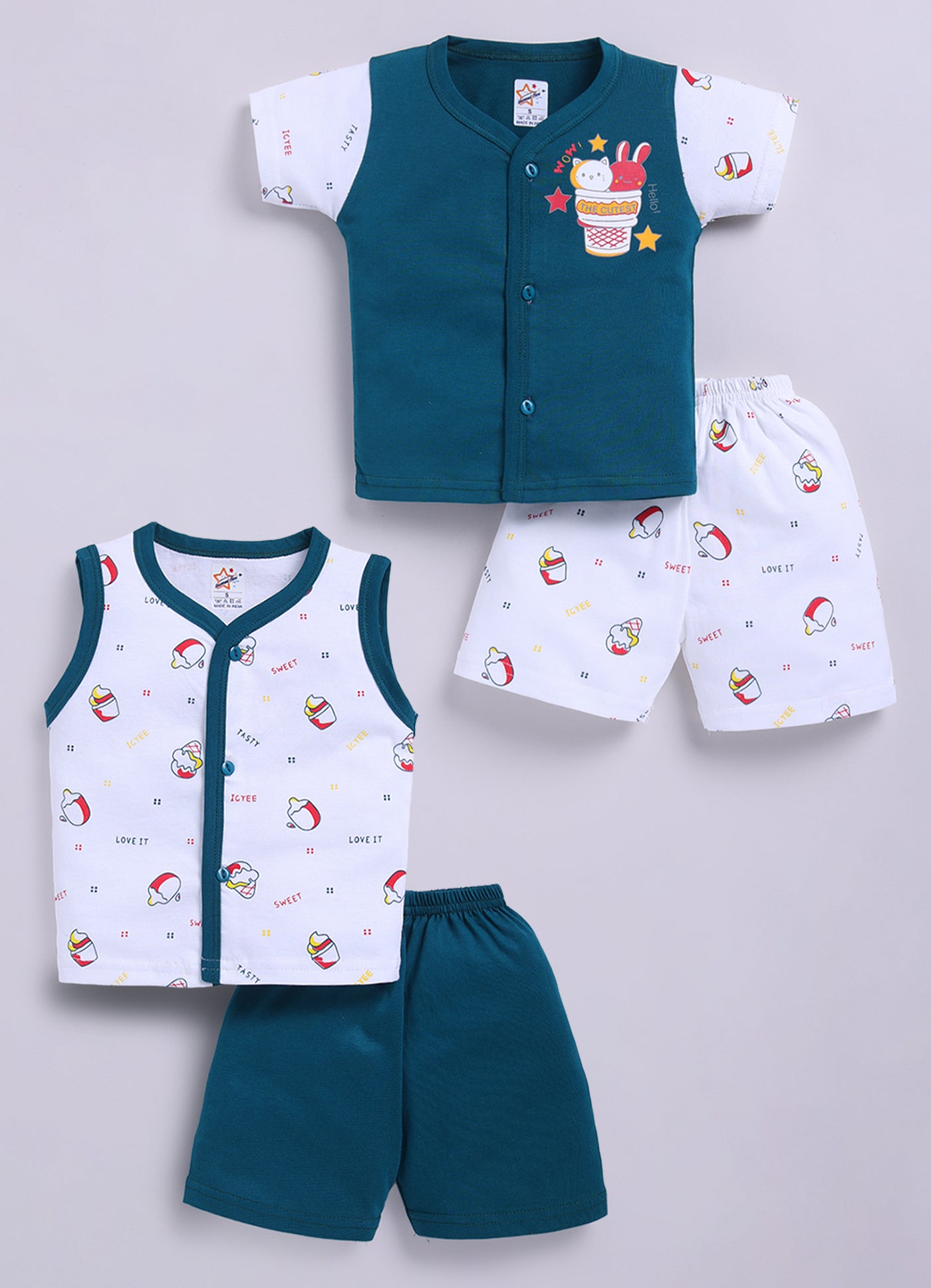 Mars Infiniti Front Open Tshirt and Pant Set for new born babies | Pure Cotton soft, Lightweight and Breathable Coordinated Outfit | Half Sleeves Shirt and Short Set for Infants|Teal Green, White