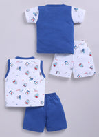 Mars Infiniti Front Open Tshirt and Pant Set for new born babies | Pure Cotton soft, Lightweight and Breathable Coordinated Outfit | Half Sleeves Shirt and Short Set for Infants|Blue, White