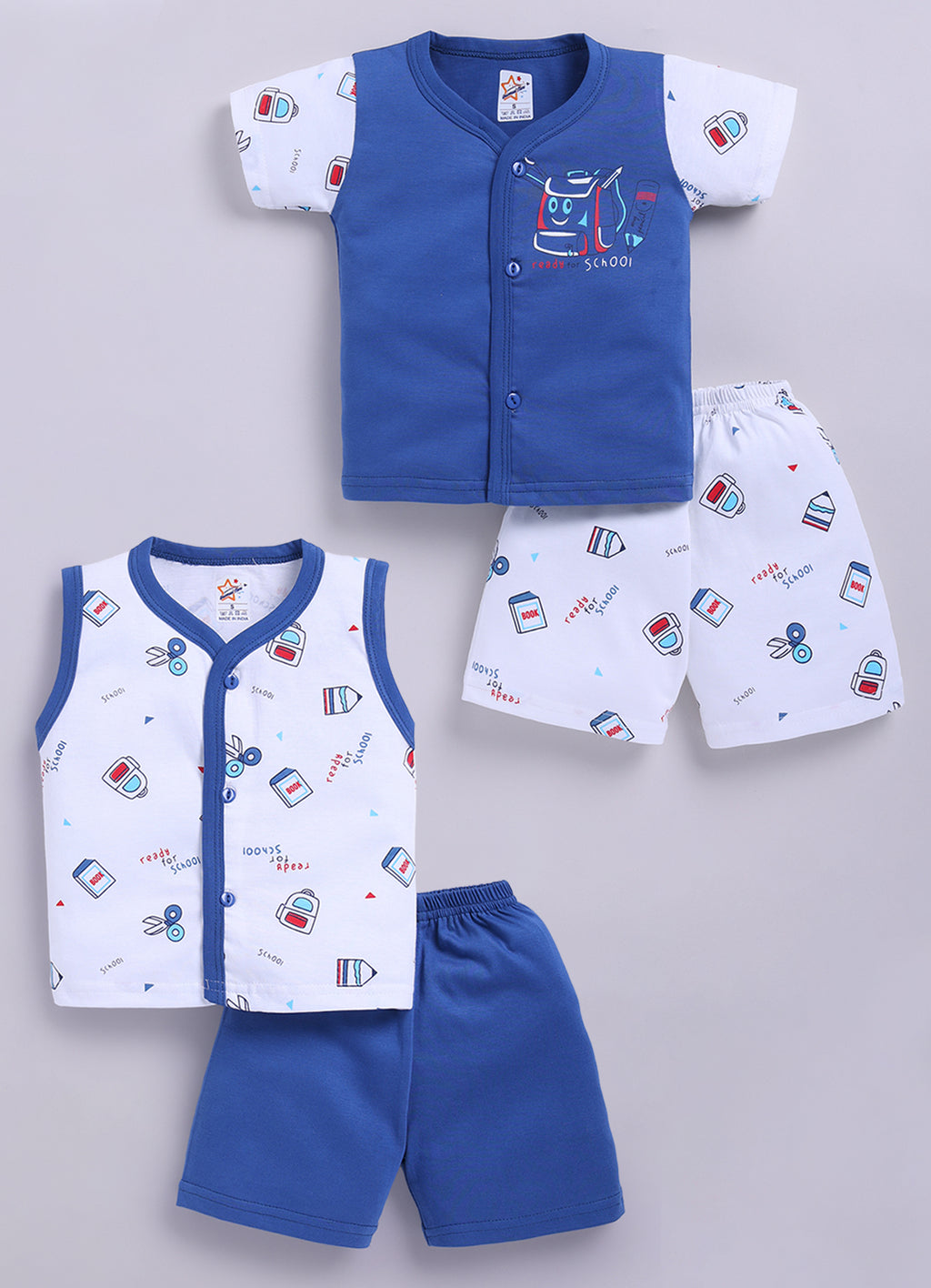 Mars Infiniti Front Open Tshirt and Pant Set for new born babies | Pure Cotton soft, Lightweight and Breathable Coordinated Outfit | Half Sleeves Shirt and Short Set for Infants|Blue, White