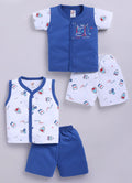Mars Infiniti Front Open Tshirt and Pant Set for new born babies | Pure Cotton soft, Lightweight and Breathable Coordinated Outfit | Half Sleeves Shirt and Short Set for Infants|Blue, White