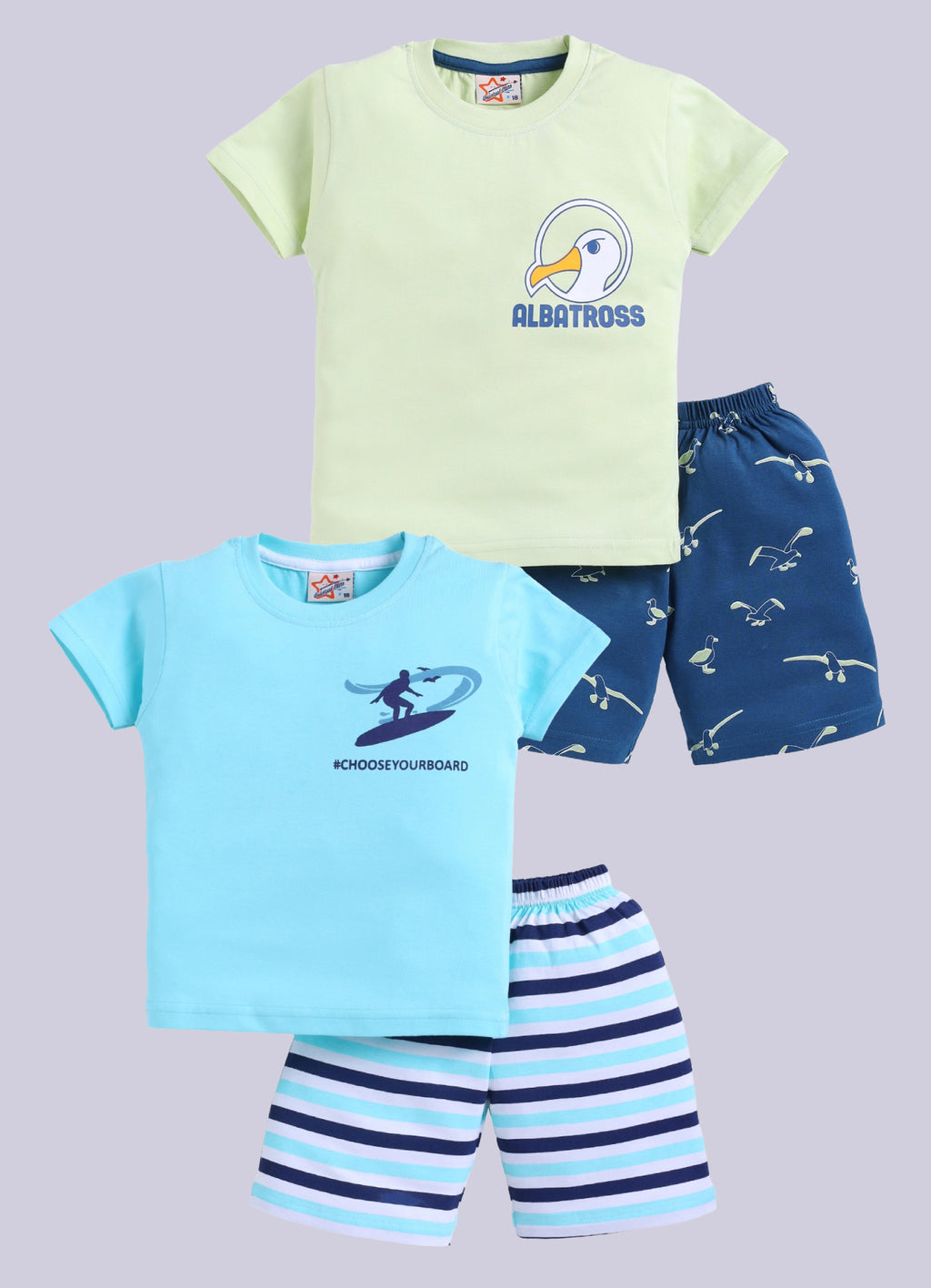 Mars Infiniti Pure Cotton Back Printed Half Sleeves T-Shirt and Half Pant Set for Boys Kids|Pack of 2|light green, sky blue