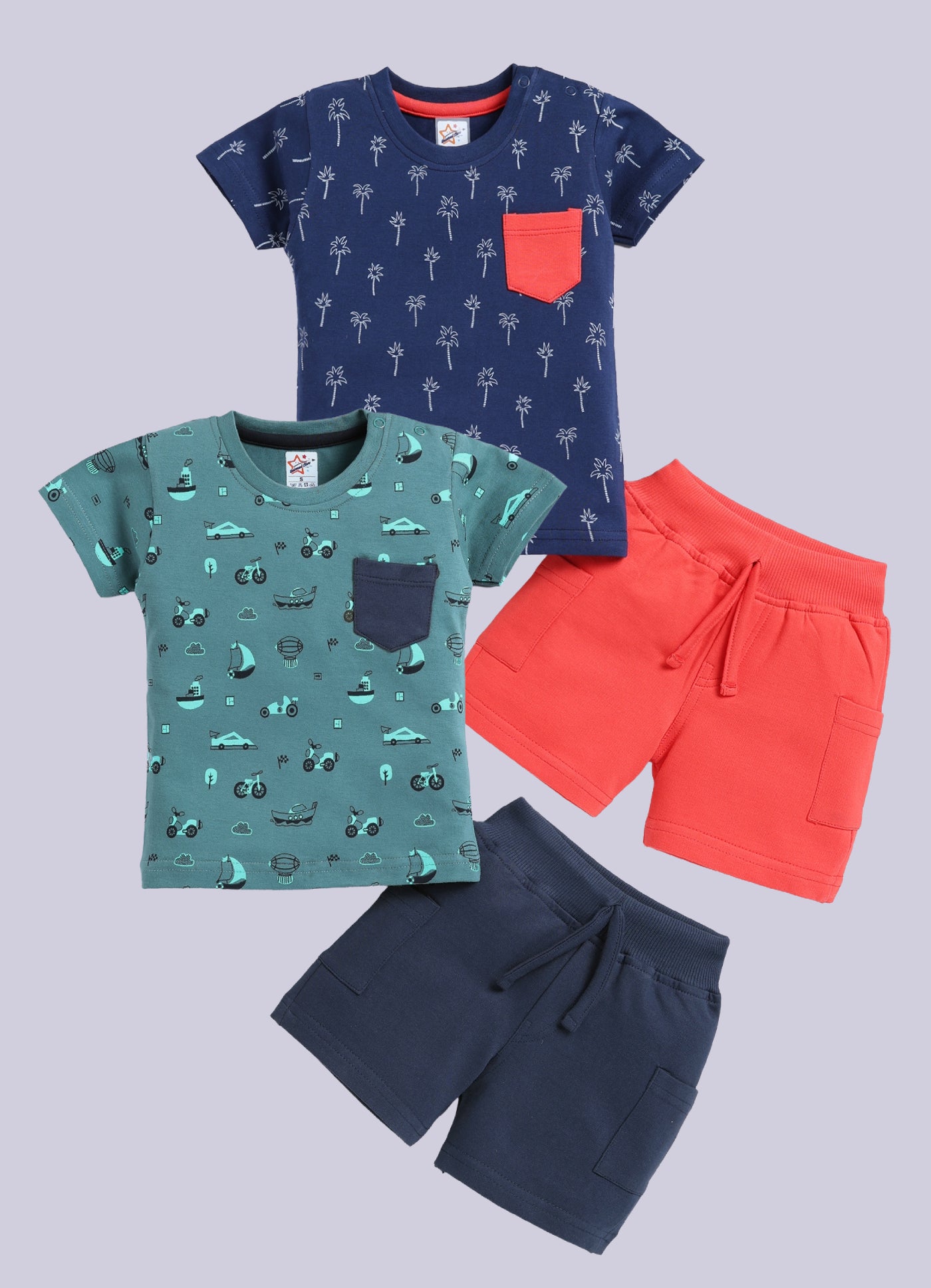 Mars Infiniti Pure Cotton Shoulder Button T-Shirt and Half Pant Set for Baby Boys|Infant tshirt and half pant set| Coordinated Set for Unisex kids|Pack of 2| Teal Green, Navy Blue