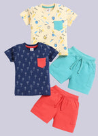 Mars Infiniti Pure Cotton Shoulder Button T-Shirt and Half Pant Set for Baby Boys|Infant tshirt and half pant set| Coordinated Set for Unisex kids|Pack of 2| Yellow, Navy Blue