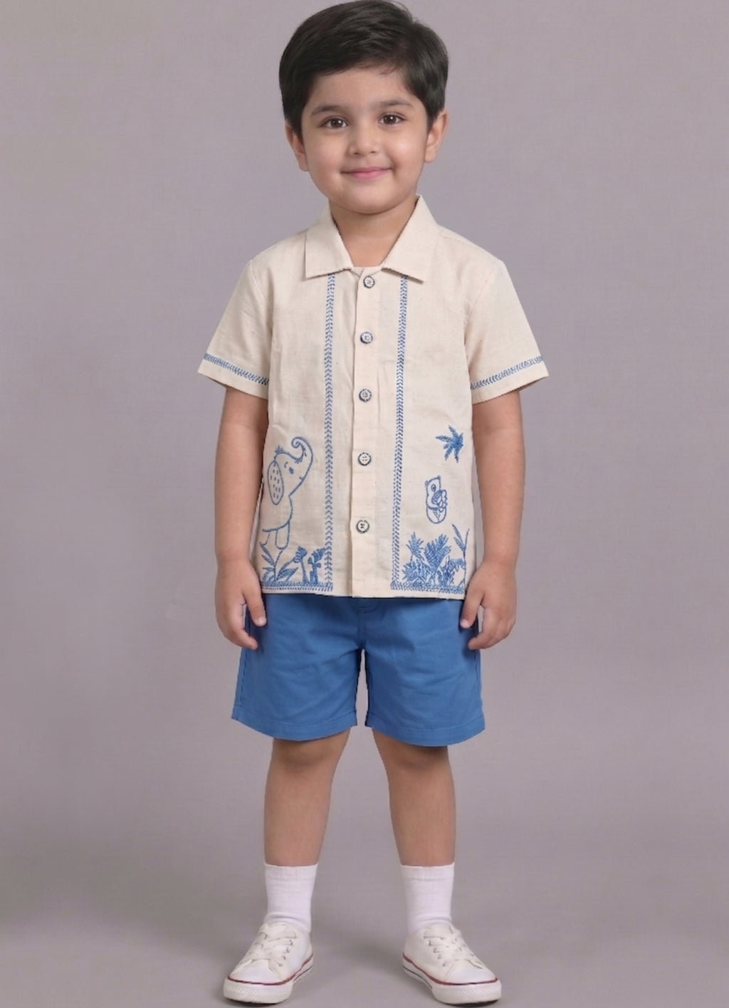 Mars Infiniti Boys Embroided Half Sleeves Shirt and Half Pant Set (Beige,Blue)