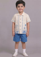 Mars Infiniti Boys Embroided Half Sleeves Shirt and Half Pant Set (Beige,Blue)
